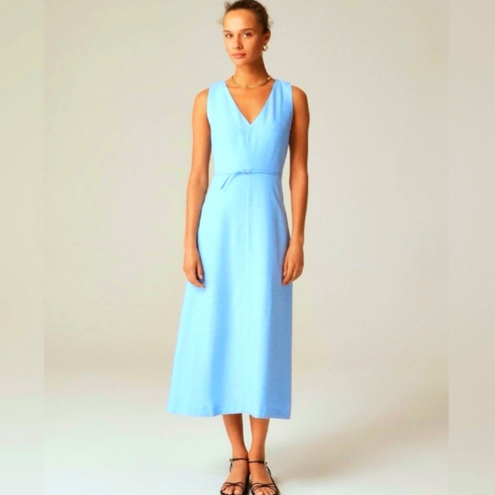 J. CREW Belted Mathilde Dress Size 16 Summer Linen Sky Blue, Luxe Preppy Chic